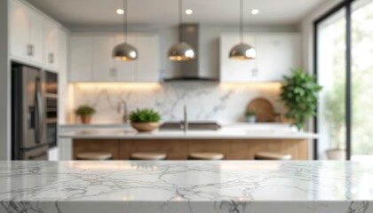 White marble tabletop with glossy finish on blurred modern kitchen counter background. Features clean, bright, airy space with natural light, sleek design perfect for food product placement interior