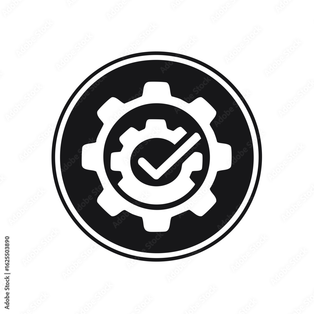 Poster gear with checkmark icon in circle frame depicts approved process