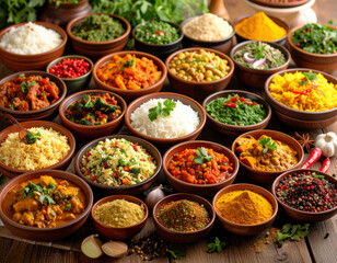 Fototapeta premium A colorful assortment of nuts, seeds, dried fruits, and fresh fruits displayed in wooden bowls for a healthy and nutritious snack spread.