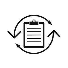 Document clipboard icon with circular arrows symbolizing refresh update synchronization cycle process