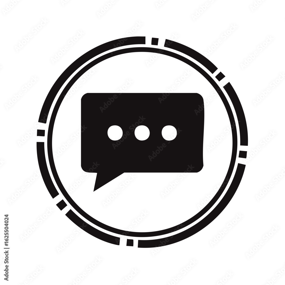 Poster black speech bubble icon with three dots inside a circular frame, representing conversation and comm