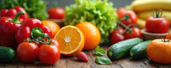 Fresh produce arranged on wooden table, featuring vibrant red bell peppers, ripe tomatoes, juicy oranges, crisp cucumbers, leafy greens. Bountiful selection promotes healthy, balanced diet with
