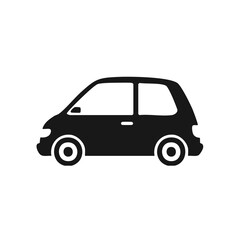 Minimalist black car icon isolated. Small hatchback automobile silhouette vector graphic design element.