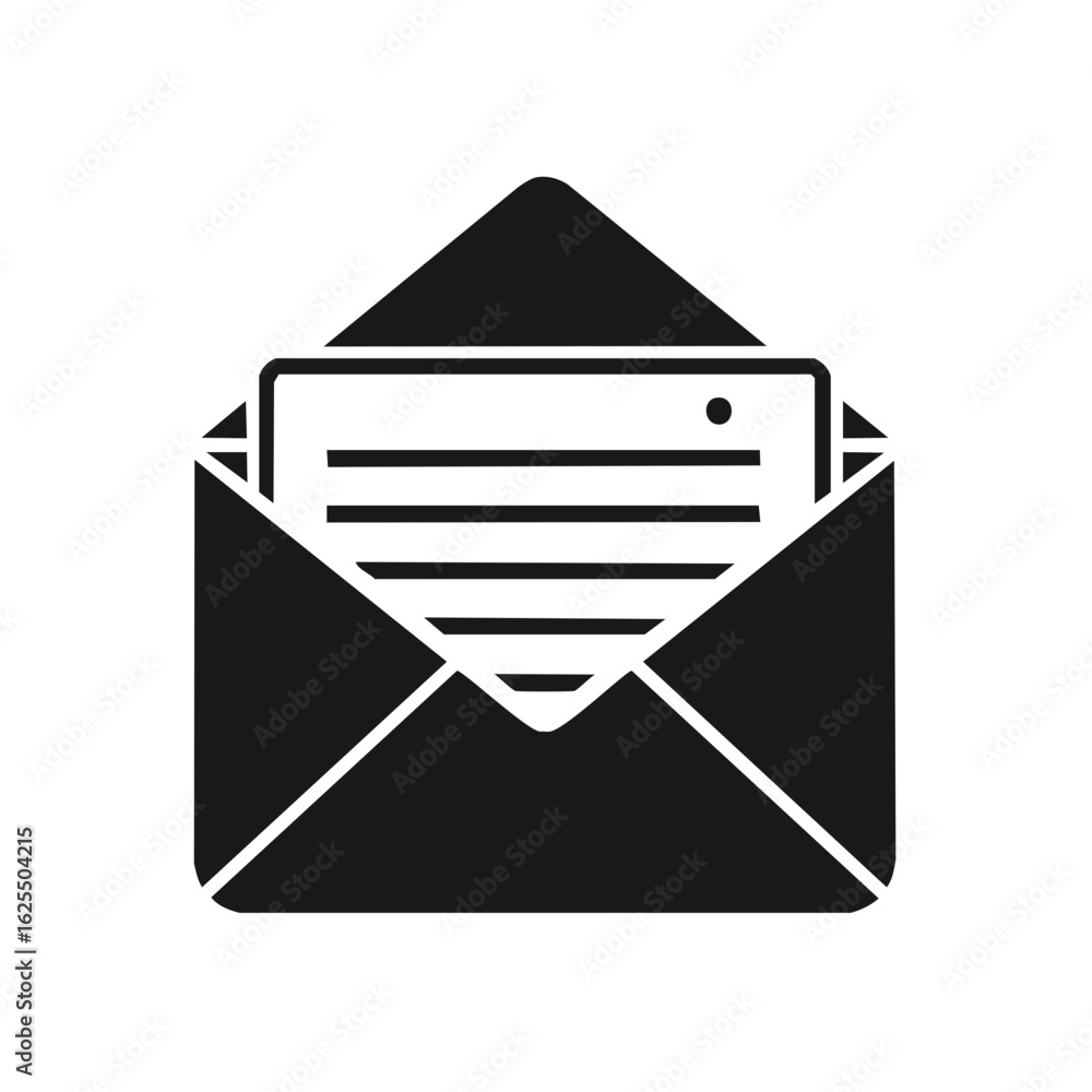Poster black open envelope icon with a new message letter inside mail communication symbol