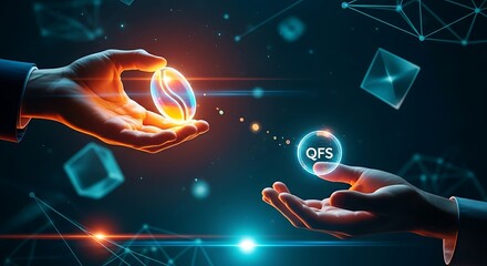 QFS fair trade concept. Two hands exchange a product for a holographic QFS coin, symbolizing a direct and fair transaction.