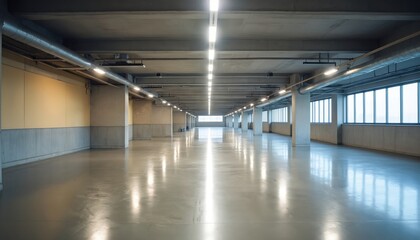 Expansive, brightly lit underground garage featuring polished concrete floor reflecting rows of ceiling lights. Modern, clean space with industrial design elements offers ample parking storage. Large