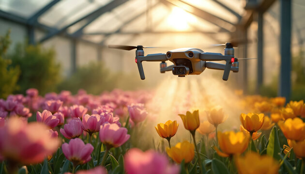 Agricultural drone sprays water over blooming tulips in greenhouse. Warm morning sunlight illuminates colorful spring flowers, highlighting modern farming tech and vibrant floral growth.