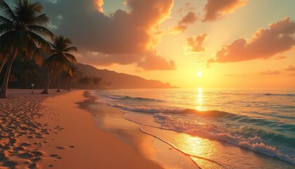 Obraz premium Golden tropical beach sunset illuminates the hazy sky above calm ocean waves. Palm trees line the shore of a secluded island, offering a serene escape with warm light and peaceful waters.