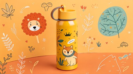 Plastic reusable water bottle over the orange background, drinking water