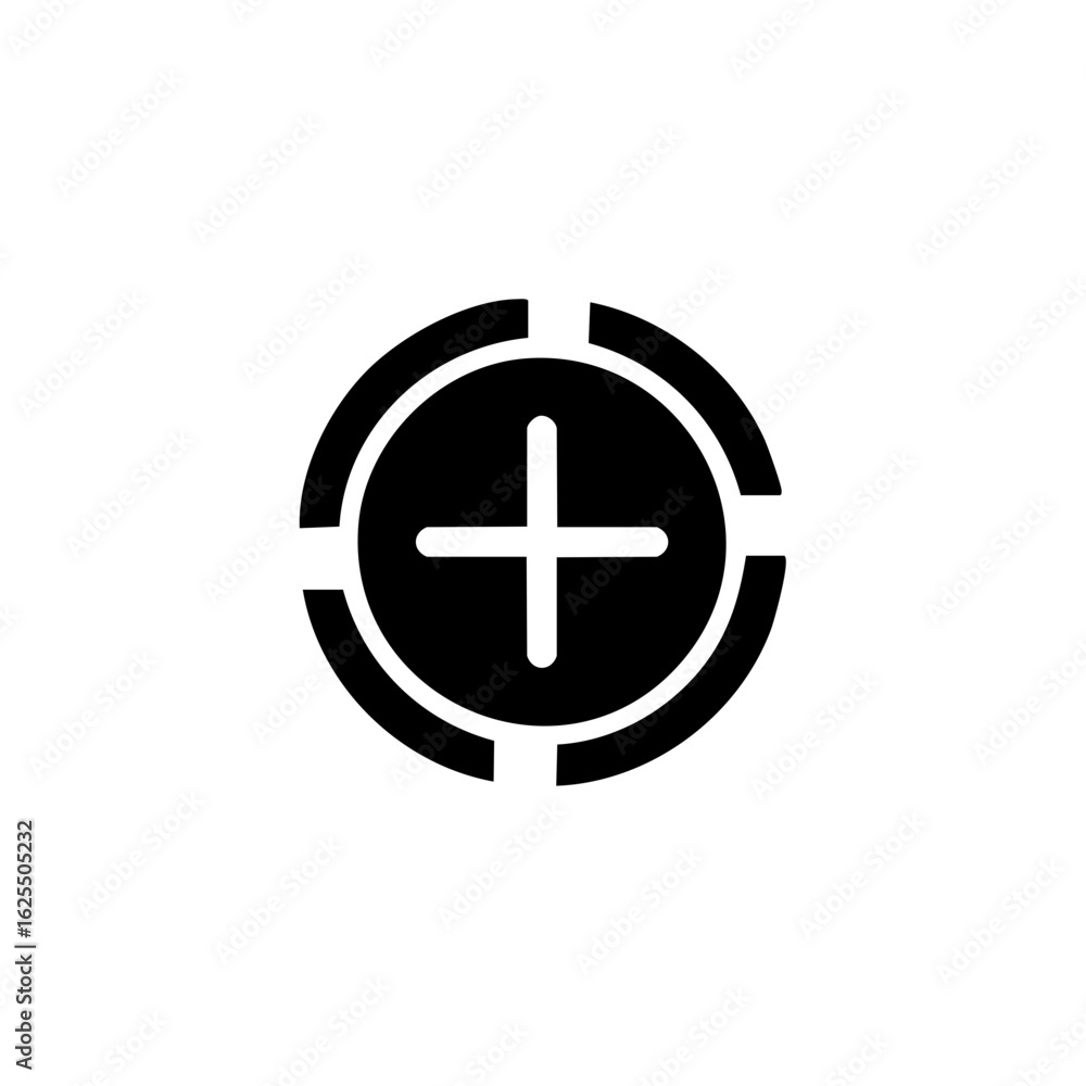 Poster black plus sign icon within a circular targeting symbol for digital design