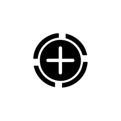 Black plus sign icon within a circular targeting symbol for digital design
