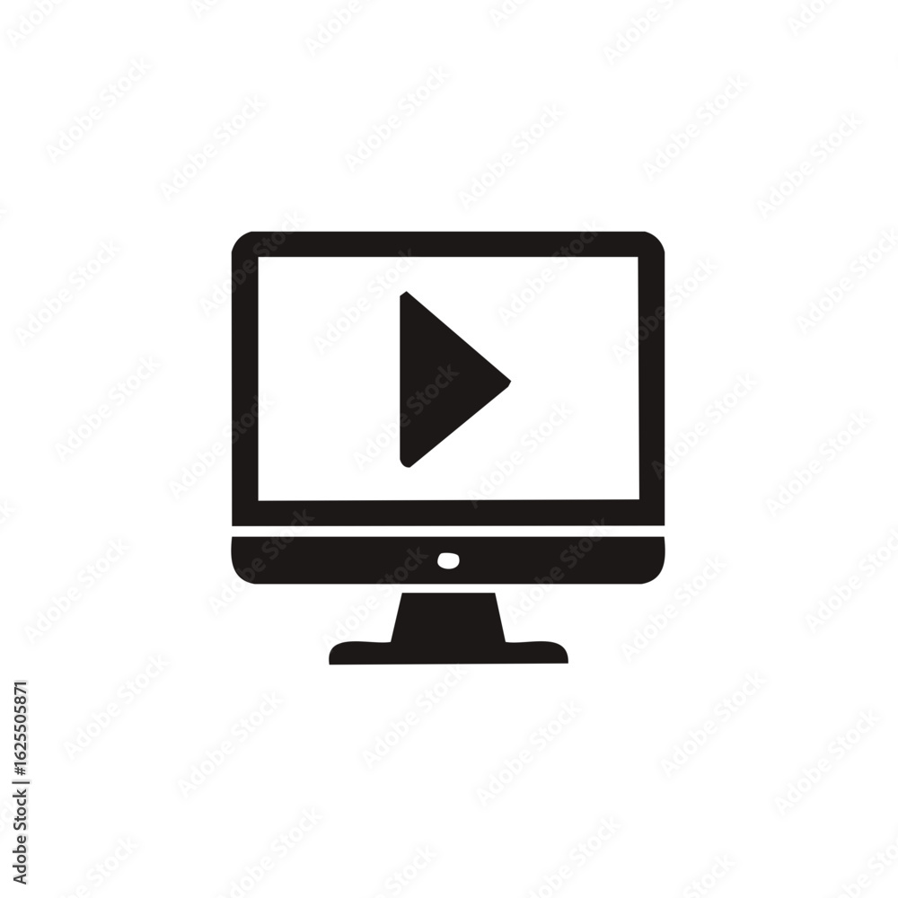 Poster simple black computer monitor icon with a play button symbol inside.