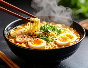 A steaming bowl of ramen with soft-boiled eggs, scallions, and noodles, garnished with fresh herbs and black pepper.