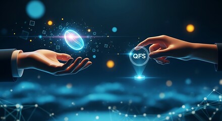 QFS fair trade concept. Two hands exchange a product for a holographic QFS coin, symbolizing a direct and fair transaction.