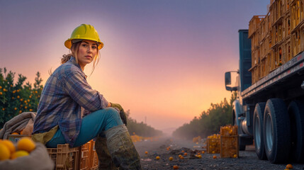 Female Farmhand Loads Orange Crates at Sunrise on Labor Day