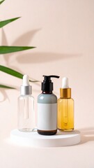 Three Assorted Cosmetic Bottles on White Stand with Palm Leaf and Beige Background