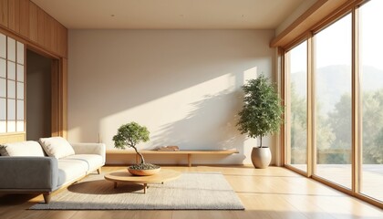 Minimalist Japandi living room features light wooden floors, neutral color palette, clean lines. Modern furniture, natural elements, calming Japanese Scandinavian fusion design create cosy,