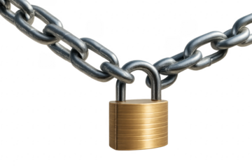 Padlock securing steel chain on transparent background