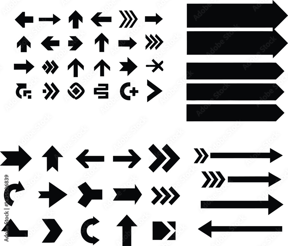 Poster set of diverse directional arrow designs for interface elements and navigation icons