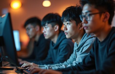 Young men focus intently on computer screens in gaming lab environment. Friends collaborate, engaged in digital competition, teamwork. Casual attire, modern educational setting highlight youth