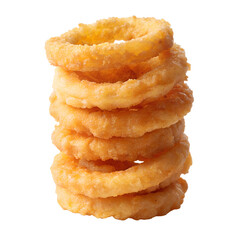"Crispy golden onion rings stacked in a pyramid shape, deep-fried texture, isolated on transparent background, front view, soft shadows, photorealistic style"
