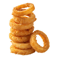 "Crispy golden onion rings stacked in a pyramid shape, deep-fried texture, isolated on transparent background, front view, soft shadows, photorealistic style"