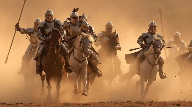 Knights on horseback charge through dusty landscape during dramatic sunset in exciting medieval reenactment