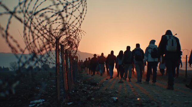 Sunset silhouettes of migrants walking towards a distant horizon near barbed wire fence