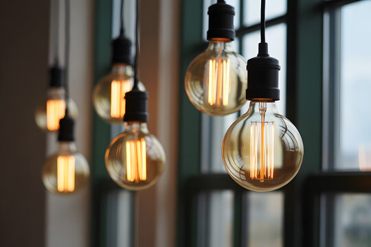 Illuminating Ambiance: A close-up perspective showcases several Edison-style light bulbs suspended from above, casting a warm, inviting glow and creating a captivating interplay of light and shadow.