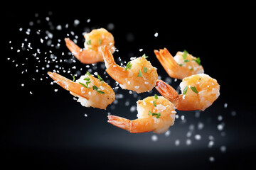 Shrimp garnished with herbs and spices floating in mid-air against a dark background