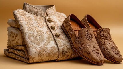 Embroidered Brown Mojaris Paired with Cream Sherwani on Golden Background