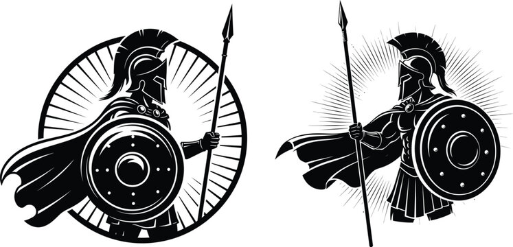 Spartan warrior with spear and shield silhouette set for ancient history and heraldry designs