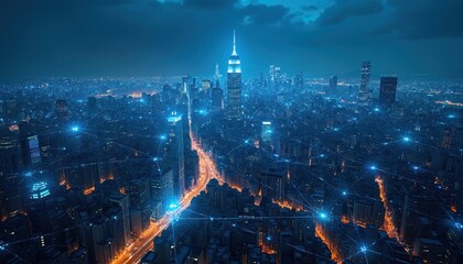 Fototapeta premium Aerial view of modern city at night with blue illumination. Cityscape displays glowing network connections, data streams, digital infrastructure. Futuristic urban visualization highlights