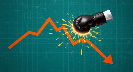 Financial crisis concept with a boxing glove punching a downward arrow graph. Symbol for recession, stock market crash, and business failure.