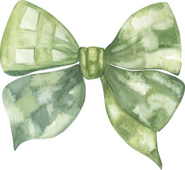 Watercolor green checkered bow isolated on white background. 
