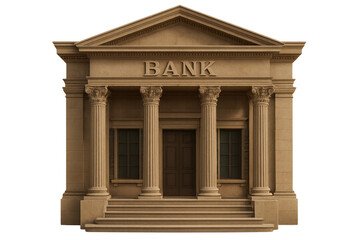 Bank building with columns and transparent background promoting financial services