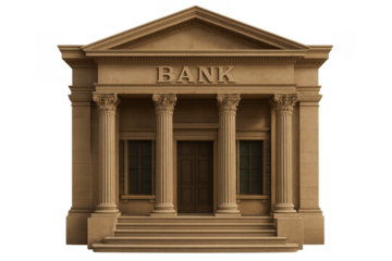 Bank building with columns and transparent background promoting financial services