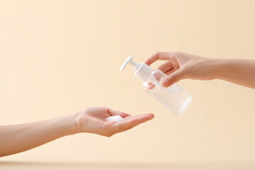 Hands dispensing liquid soap from a pump bottle into another hand against a soft background