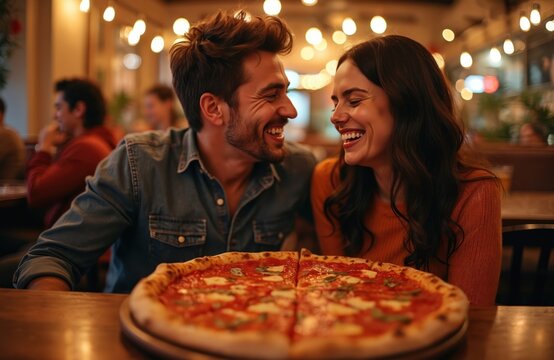 Couple sharing pizza, laughing heartily in cozy pizzeria with warm lighting. Joyful, intimate moment celebrating connection over Italian food. Experience vibrant casual dining, perfect for lifestyle