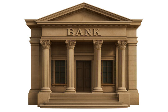 Bank building with columns and transparent background promoting financial services