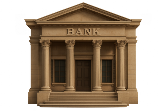 Bank building with columns and transparent background promoting financial services