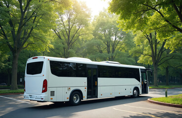 Fototapeta premium White passenger bus parked on asphalt lot, door open, awaiting passengers. Surrounded by lush green trees on sunny day. Ideal for travel, tourism, public transit themes.