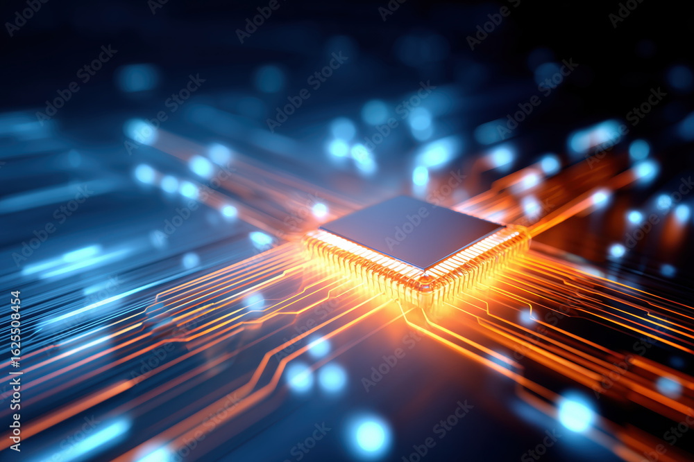 Aufkleber microchip with glowing circuits and vibrant light trails representing advanced technology concepts
