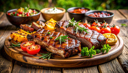 Grilled barbecue ribs are served on a wooden platter with vegetables, sauces, and beer in a vibrant outdoor setting.