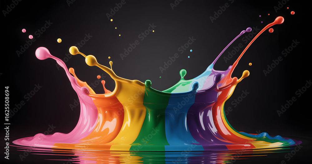 Poster vibrant splash of colors: a striking image of liquid paint in a spectrum of rainbow hues erupting dy