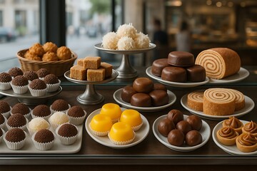 Assorted traditional Brazilian sweets displayed on bakery counter, including brigadeiros, beijinhos, quindins, cocadas, and caramel treats