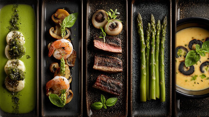 Gourmet food presentation featuring shrimp, steak, asparagus, and gourmet sauces on elegant plates