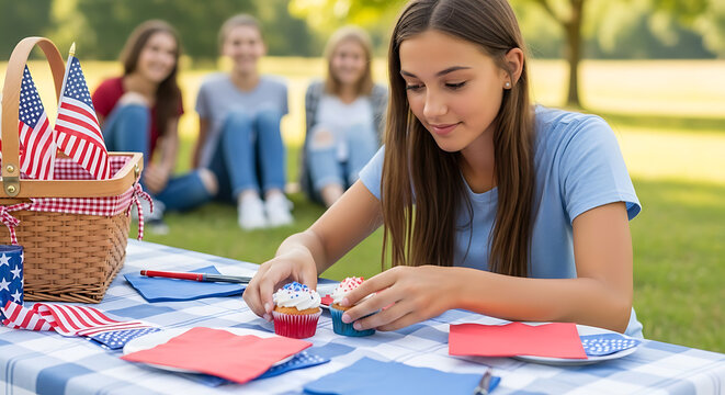 Young women preparing for an outdoor celebration.