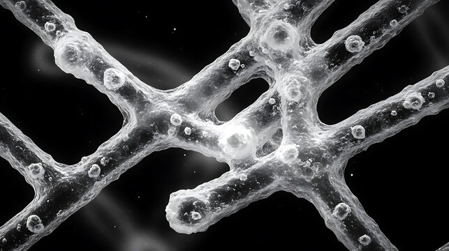 Microscopic View of Interconnected Cellular Structures, Abstract Black and White Scientific Image