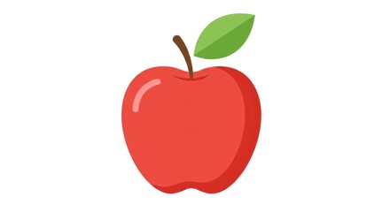 Simple Red Apple Illustration with Green Leaf and Brown Stem on White Background